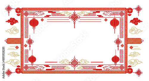 Traditional Chinese New Year Celebration Frame with Red Lanterns and Ornate Details from a Direct Viewpoint