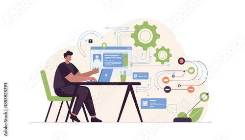 Person working on a laptop with a complex digital interface and abstract data processing elements.