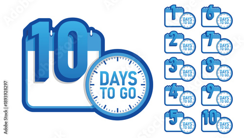Vibrant blue 3d '10 Days to Go' graphic with a clock face, alongside a set of calendar icons counting down from 1 to 10 days remaining.