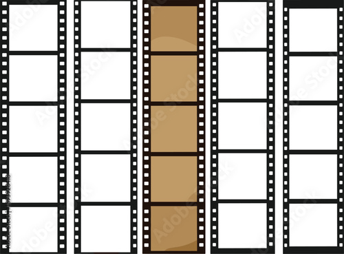 Retro film strip vector illustration set, vintage cinema movie frame borders, blank negative film photography templates, isolated video reel graphic design elements for media.