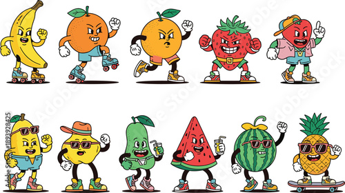 Vintage rubber hose fruit mascot set, retro 1930s cartoon food characters, hand drawn summer fruits on roller skates and skateboards, vector isolated graphics.