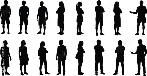 WebVector illustration of diverse human silhouettes in standing poses, body language concept for character design, animation reference, posture study and lifestyle creative projects