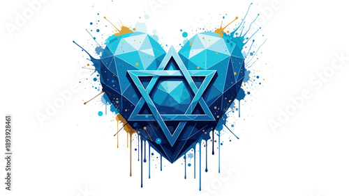 Geometric heart with star of david and blue splashes