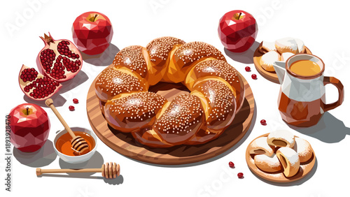 Festive round bread with apples, pomegranates, and honey on white background
