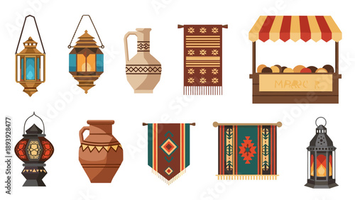 Traditional middle eastern decor: lanterns, pottery, and tapestries