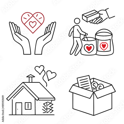 Charity and donate icon set with helping hands and hearts