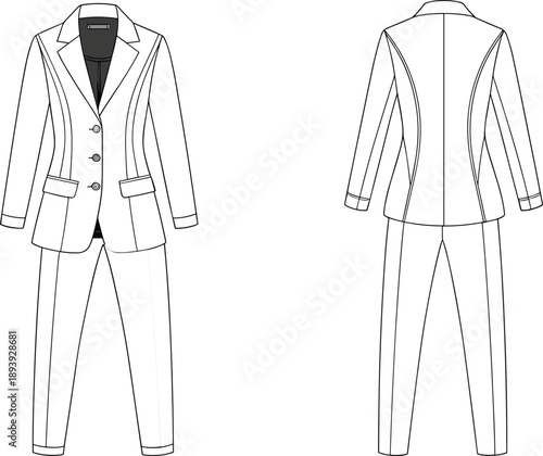 Women's tailored suit fashion illustration, technical drawing blazer and trousers, front and back view, garment design, pattern making, apparel