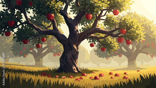 Sunlit orchard with lush trees and red apples in a flat art style