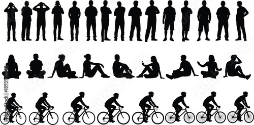 WebVector illustration of human silhouettes in standing, sitting and cycling poses, diverse body language concept for character design, animation reference, ergonomics and lifestyle creative