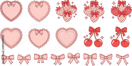 Pink coquette aesthetic vector set, cute heart frames with lace, strawberry and cherry icons with bows, girly ribbon doodles, isolated romantic graphic elements.