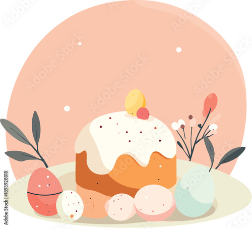 Calm Easter illustration with cake and eggs in pastel colors
