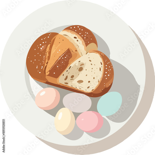 Minimal Easter still life with bread and pastel eggs, top view
