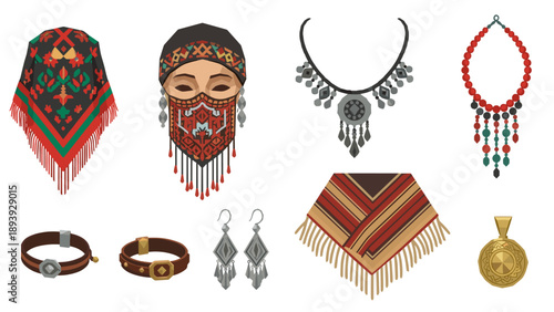 Traditional ethnic jewelry collection featuring vibrant scarves and ornaments