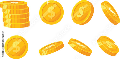 Shiny gold coin vector illustration set, isometric golden dollar money icons, stacked and falling cash treasury elements, isolated banking and finance graphic design.