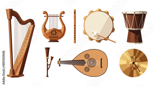 Traditional musical instruments set in flat design with harp and drum