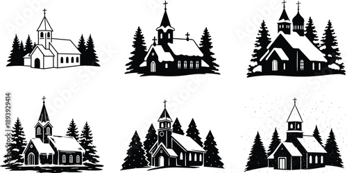 Winter church illustrations, snowy pine forest, black and white architecture, steeples, Christian buildings, serene landscape, holiday season, peaceful countryside scene