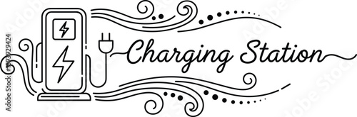 Electric vehicle charging station decorative line art vector illustration