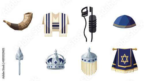 Jewish symbols collection: traditional items in flat style with cultural significance