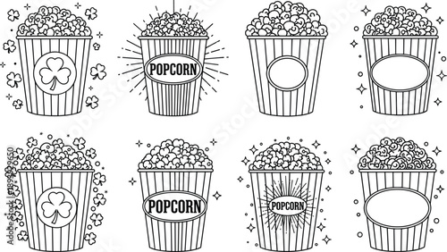 WebVector, line, art, illustration, set, of, popcorn, buckets, featuring, movie, theater, snacks, with, clover, leaves, stars, and, retro, cinema, style, for, festive, entertainment, designs