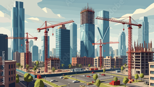 Urban construction site with skyscrapers and cranes under blue sky