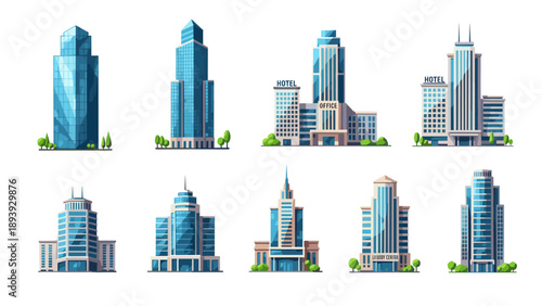 Set of modern urban tall buildings with glass facades and greenery elements