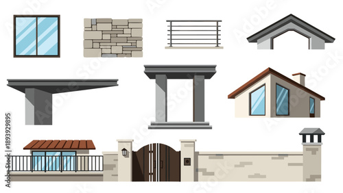 Modern architectural elements set featuring windows, pillars, and roof designs