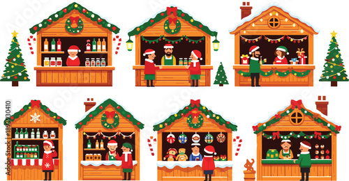 Traditional Christmas Market Vector Illustration Set with Festive Wooden Stalls, Holiday Food Vendors, Gift Shops, and Winter Fair Characters