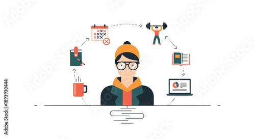 Cartoon person working on laptop surrounded by productivity icons and workflow elements in a minimalist flat design