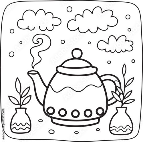 Teapot with steam and flowers coloring page vector illustration flat design