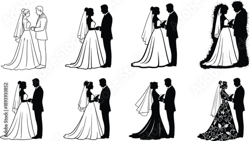 Wedding couple silhouette, bride and groom illustration, romantic ceremony pose, black and white vector art, marriage design elements, love