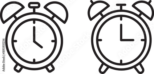 Two simple outline or line art style alarm clock icons, minimalist flat vector illustration design, isolated on a white background.