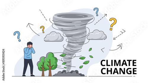 Climate change awareness concept showing person distressed by powerful tornado destroying trees and property.