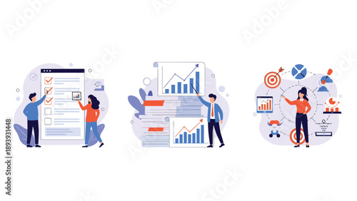Business workflow panels showing progress tracking, financial data analysis, and strategic goal planning concepts.