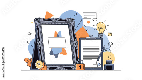 Creative workspace mockup featuring ornate picture frame, lightbulb, clipboard, and inkwell for artistic design.