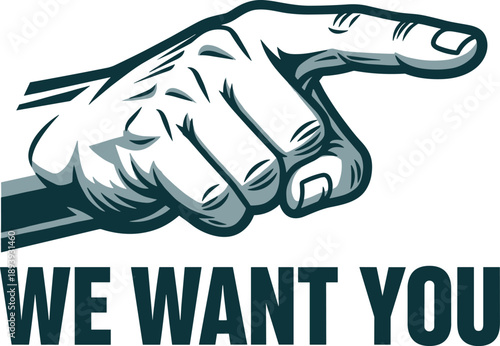 We want you recruitment poster, pointing hand illustration, vintage hiring design, job advertisement concept, motivational message, join our team graphic