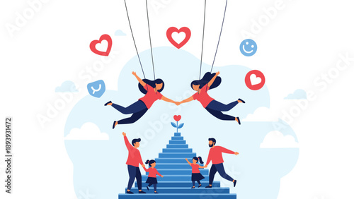 Emotional support and connection concept with family members climbing steps and floating figures with hearts.