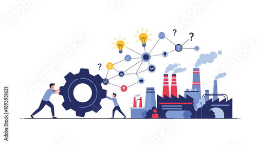 Industrial innovation concept with workers pushing gear towards factory and lightbulbs representing new ideas.