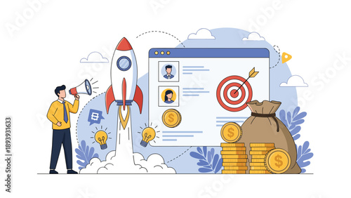 Business startup concept shows a rocket launching next to a website dashboard and megaphone for project promotion.