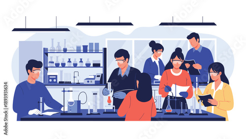 Professional scientists conducting chemical research and experiments in a modern laboratory with high tech equipment.