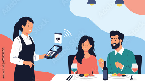 Waitress at a restaurant facilitates a contactless mobile payment for a smiling couple enjoying a dinner together.