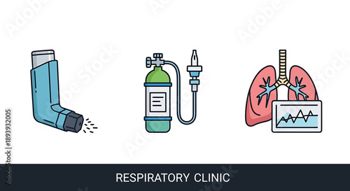 Asthma Inhaler, Oxygen Tank, Lungs with ECG - Respiratory Clinic Icons