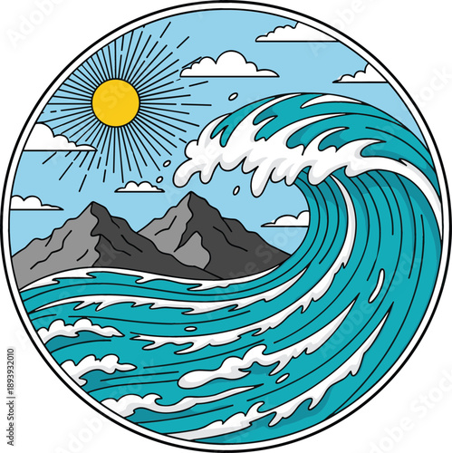 Circular surf badge illustration with a giant blue ocean wave crashing against gray mountains under a bright yellow sun