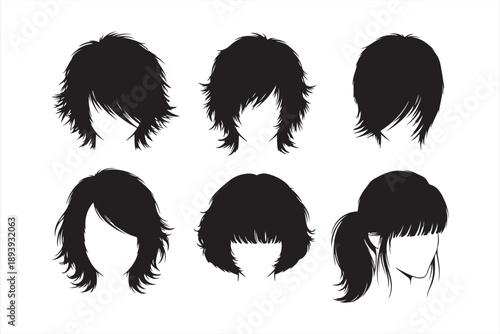 Six black silhouette depictions of various modern women s hairstyles and cuts