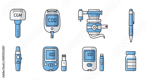 Diabetes Medical Devices Set: CGM, Glucose Meter, Insulin Pen, Vials