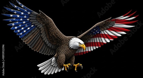 American bald eagle in flight with patriotic wing design