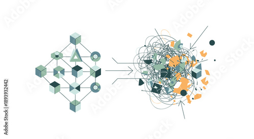 Structured data transforming into chaotic mess illustrating concept of data corruption information overload or breakdown