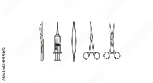 Surgical Instruments Set: Scalpel, Syringe, Forceps, Scissors on White Background