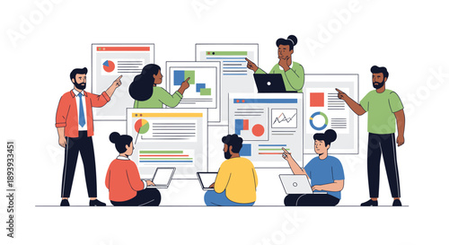 Diverse team collaborating on data analysis with graphs and laptops in modern office