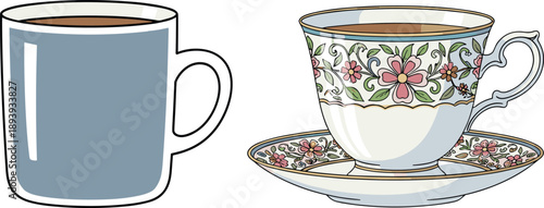 Vintage floral teacup with saucer beside modern blue coffee mug, elegant contrast of classic and contemporary drinkware styles, isolated