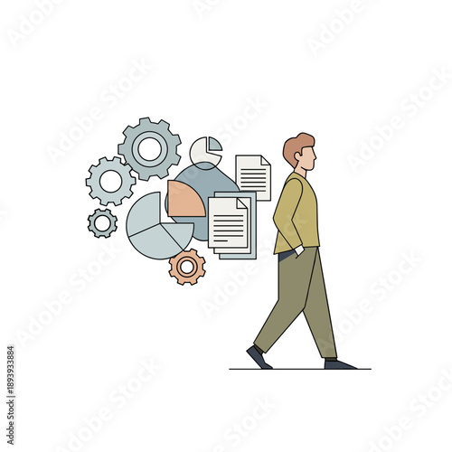 Burnout prevention concept with a relaxed person walking away from abstract work symbols